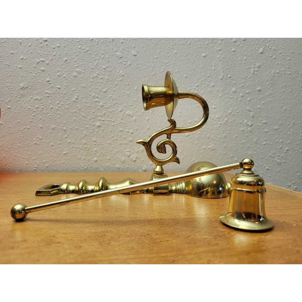Vintage Brass Heavy Wall Sconce Scrolled Design Candle Holder MCM w/ Snuffer